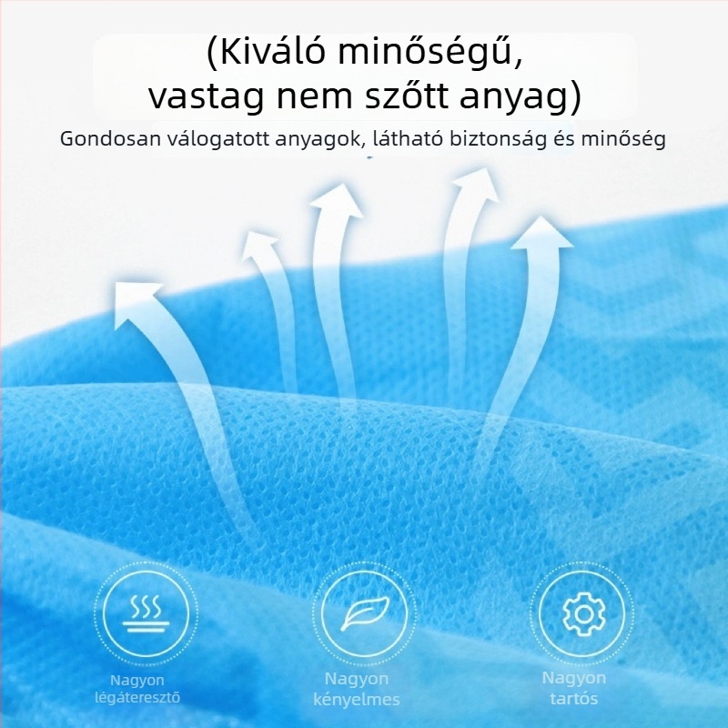 Antisztatikus, nem szőtt anyagú cipővédő vezetőcsíkkal, elektronikai gyártásban, pormentes műhelyekben és tiszta laboratóriumokban, egyszer használatos.