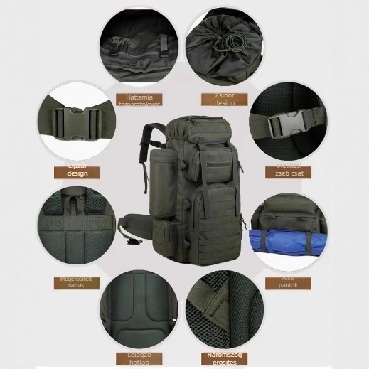 Szabadtéri taktikai hátizsák Oxford anyagból, vízálló és kopásálló, nagy kapacitású 56–75 L, méretek 70×35×28 cm, uniszex, túrázásra és hegymászásra