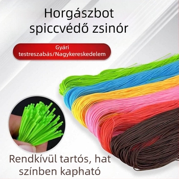 Horgászbot csúcsához készült zsinórkészlet: piros zsinór, fő zsinór és segédzsinór, megerősített védő kötél és kis kiegészítők