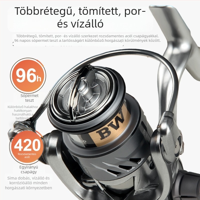 Szénszálas pergetőorsó hosszú dobásokhoz, csavaros fogantyúval, 5+1 csapágy