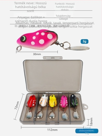 Shark Hunter: 5 darabos mini hosszú dobású békás műcsali készlet lágy csalikkal, dupla horoggal és zajkeltő elemmel a snakehead halászathoz