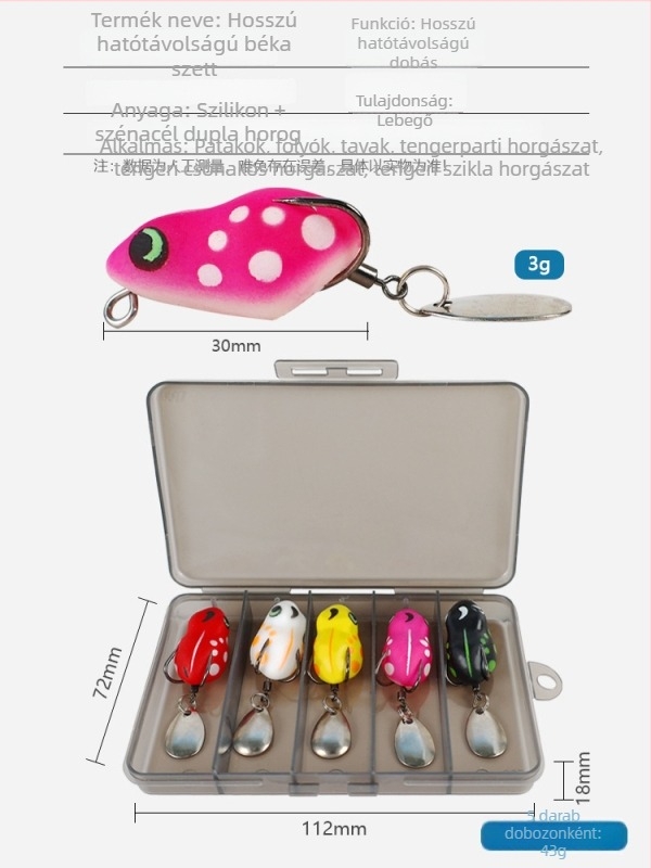 Shark Hunter: 5 darabos mini hosszú dobású békás műcsali készlet lágy csalikkal, dupla horoggal és zajkeltő elemmel a snakehead halászathoz