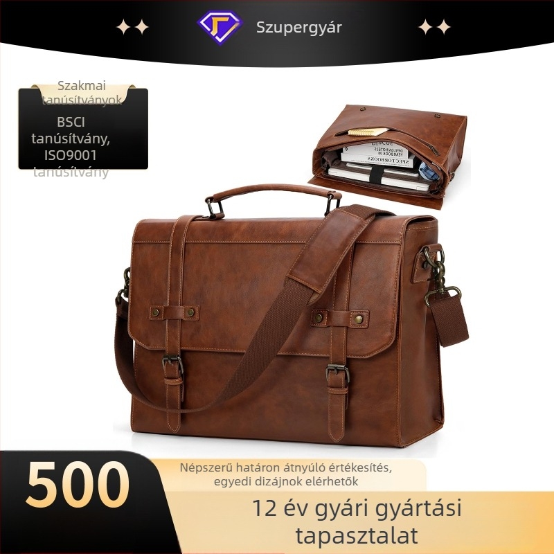 Vintage valódi bőrből készült laptop táska crossbody pánttal, nagy kapacitású, Crazy Horse bőr