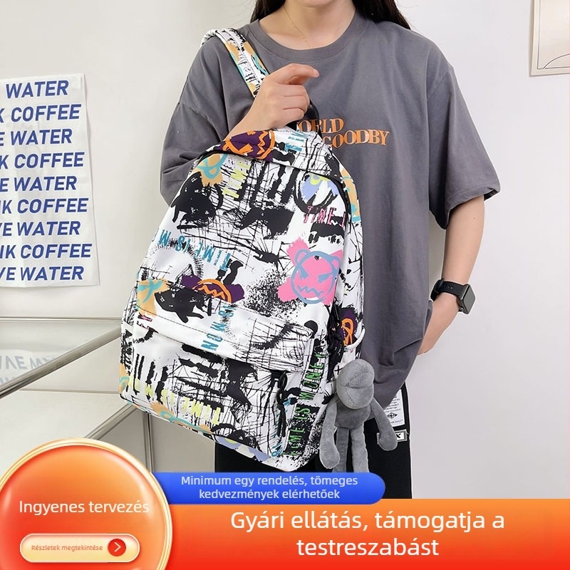 Harajuku-stílusú, uniszex vászon hátizsák graffiti mintával, koreai stílus, 20–35L, 16 hüvelykes laptophoz, lélegző, vízálló, mindennapi használatra