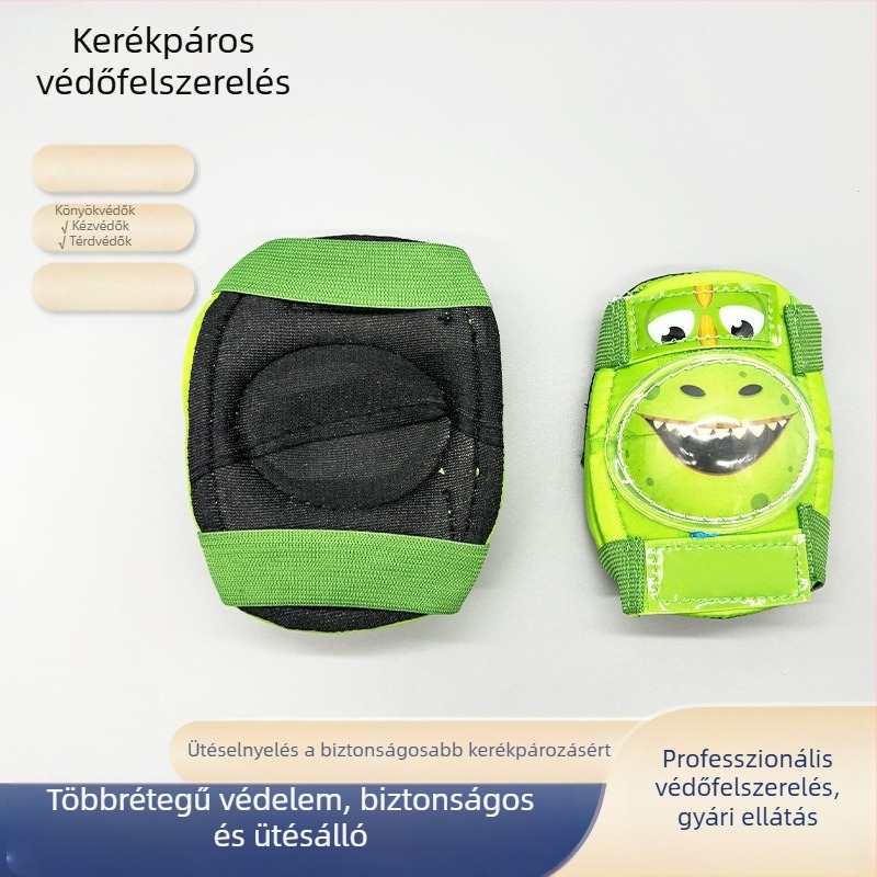 Zöld dinoszaurusz védőfelszerelés készlet gyerekeknek – térdvédő, könyökvédő és csuklóvédő görkorcsolázáshoz, kerékpározáshoz, síeléshez és rollerhez
