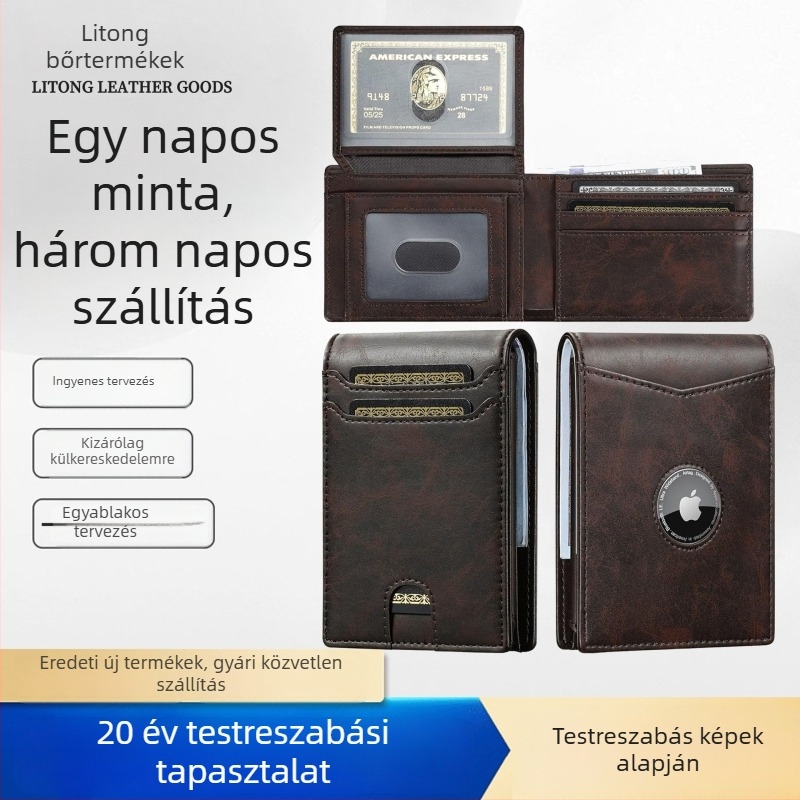 Egyedi ultra vékony AirTag üzleti pénztárca – RFID védelem, valódi bőr, rövid nyitott dizájn