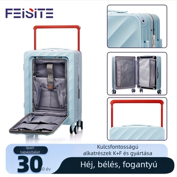 Személyre szabott alumínium vázú kerekes bőrönd elülső nyitással, 20 hüvelykes széles fogantyúval, USB töltés, jelszavas zár, nagy kapacitás