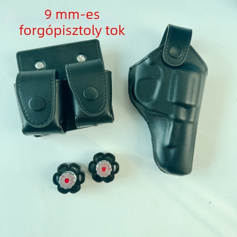 9mm-es revolverhez való formázott taktikai gyors kioldó tok, edzés rekvizitum, valódi bőr, dupla soros töltényzseb