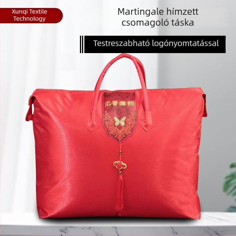 Martin szövetből készült paplancsomagoló táska, gépi hímzéssel, vörös esküvői dizájn