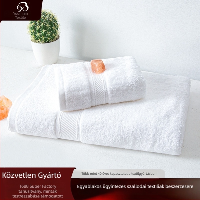 Szállodai törölközők, 100% pamut, fehér spirálos satin 16s, négyzet alakú arc- és fürdő törölközők