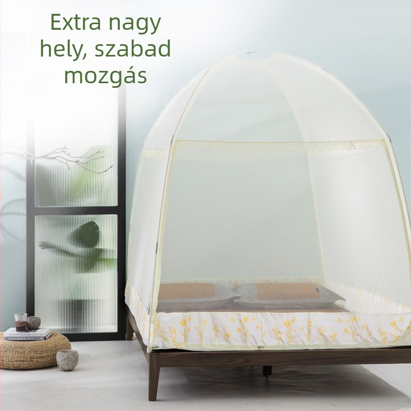 Mongol jurta stílusú szúnyogháló az ágyhoz, három ajtóval, egyszemélyes vagy kétszemélyes ágyhoz, szerelés nélkül, poliészter, matracméret 1,5–1,8 m
