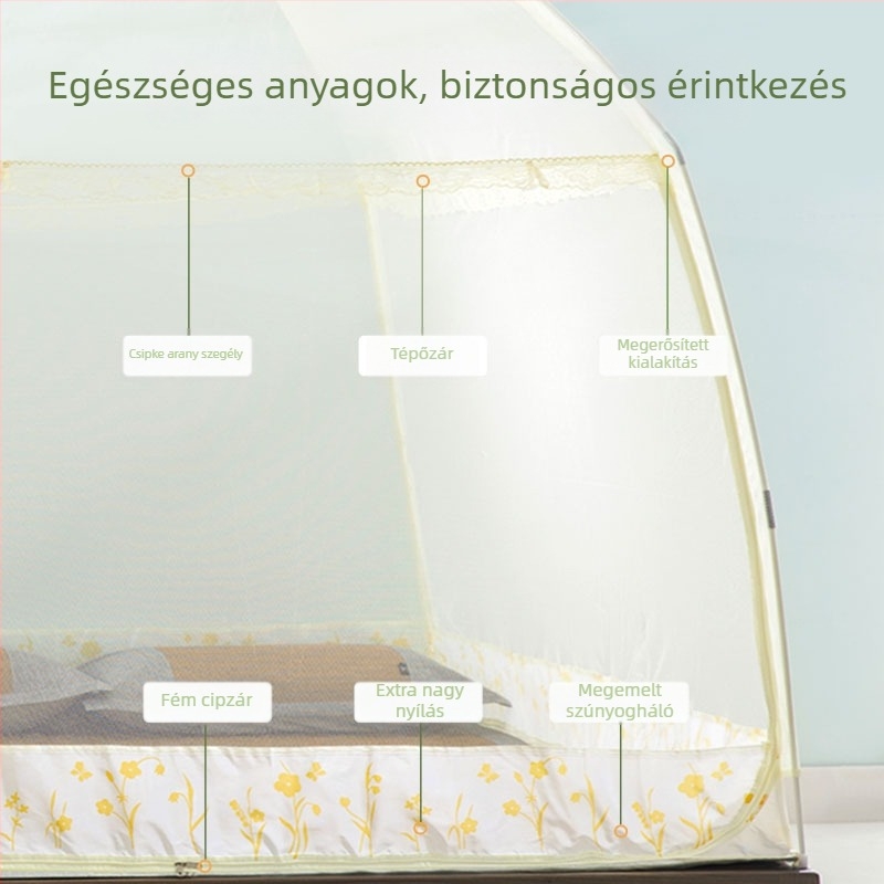 Mongol jurta stílusú szúnyogháló az ágyhoz, három ajtóval, egyszemélyes vagy kétszemélyes ágyhoz, szerelés nélkül, poliészter, matracméret 1,5–1,8 m