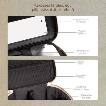 Tükörrel ellátott sminktáska, nagy kapacitású, hordozható, vízálló, elegáns luxus sminktároló