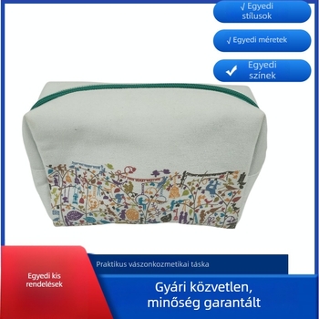 Vászon sminktáska virágmintával, közepes méretű, vízszintes téglalap alakú, cipzáras nyitás, belső patch zseb, pamut bélés, puha fogantyú, mosható, vízálló, hordozható, összecsukható