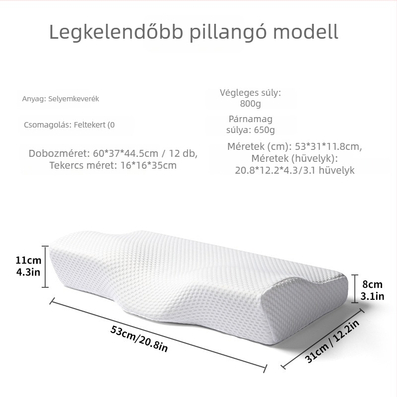 Pillangó alakú memóriahabos párna a nyaki támaszért, magasság 5–10 cm, magja 0,5–1 kg, szállodákba, panziókba és otthoni használatra