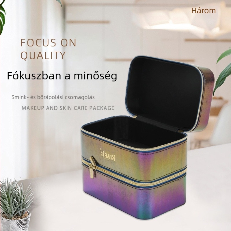 PU bőrből készült sminktáska lézergravírozással, kézben tartható, három réteg, nagy kapacitás, dupla cipzár, testreszabható