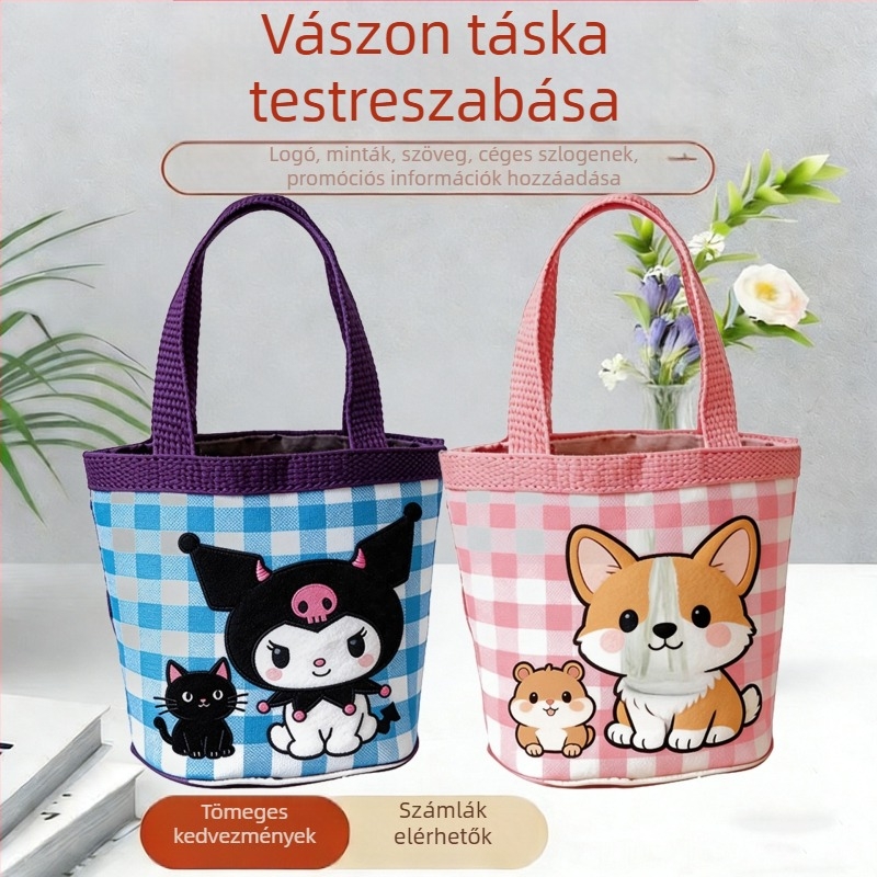 Cuki illusztrációkkal nyomtatott vászon vödör alakú táska, kézitáska, uzsonnás táska, kis tote, testreszabható