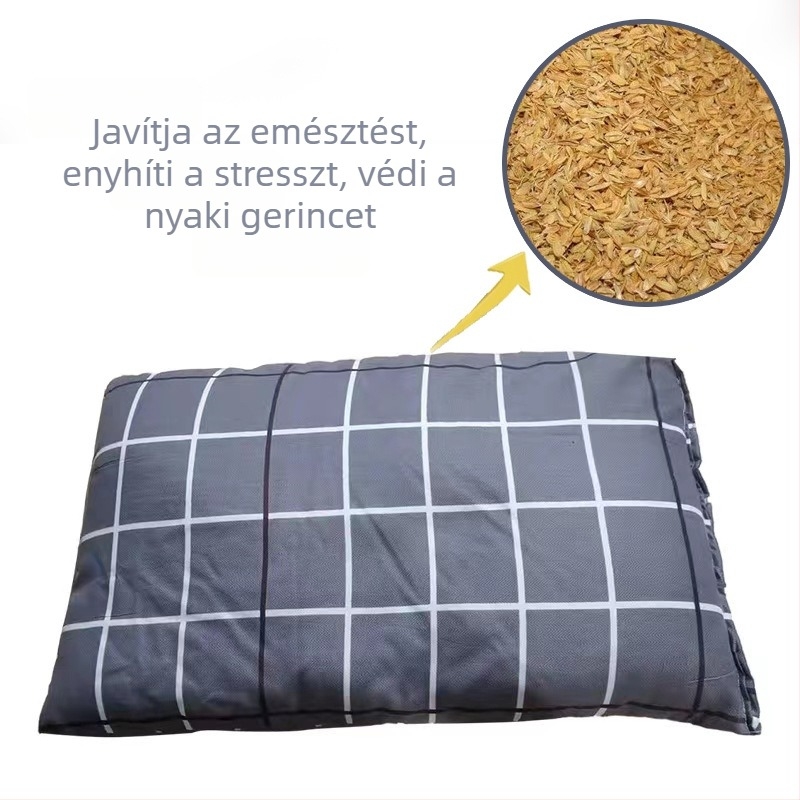 Párna rizshéjból, hajdinahéjból és köleshéjból, nyaki támasz, téglalap alakú, kék, egyszemélyes