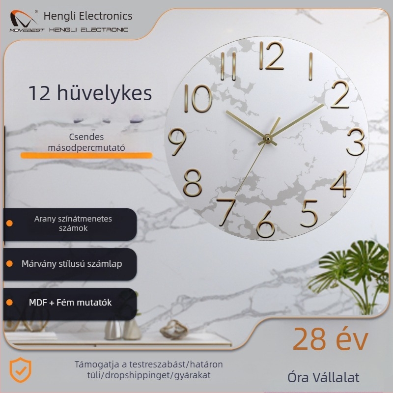 Nordic luxus falióra márvány mintával, MDF, arany betűkkel, csendes kvarcmozgás, kerek dekoratív óra nappaliba, hálószobába, dolgozószobába