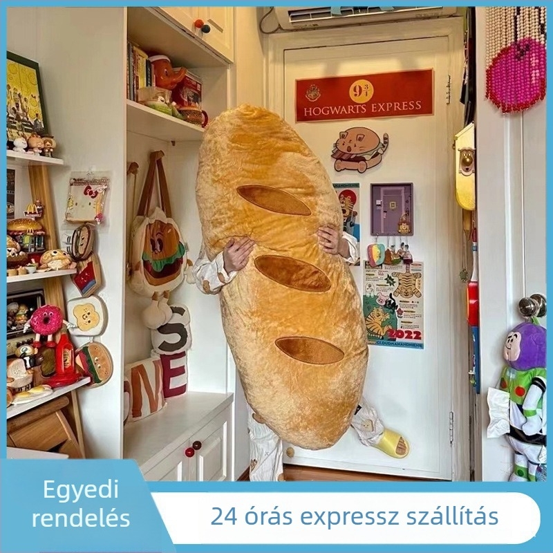Hosszú kenyér alakú plüss párna – aranyos párna‑játék ágyhoz vagy kollégiumba, alváshoz a lábak közé