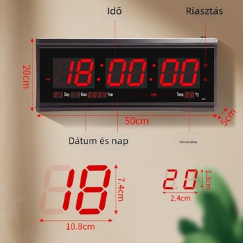 LED digitális falióra örök naptárral, nagy számok, hőmérő, hét- és hónap kijelző, ébresztő