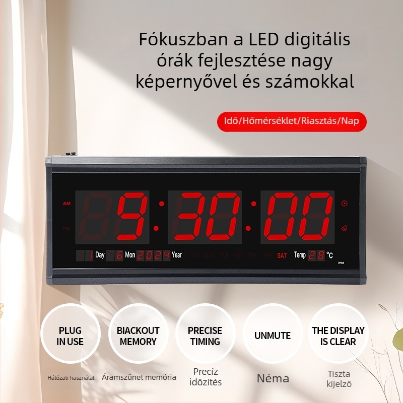 LED digitális falióra örök naptárral, nagy számok, hőmérő, hét- és hónap kijelző, ébresztő