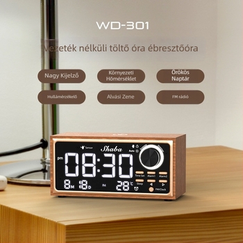 Tömörfa ébresztőóra 15W vezeték nélküli telefontöltővel, naptárral, LED kijelzővel és díszítő éjjeli lámpával