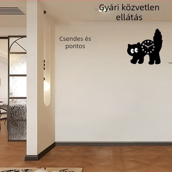 Aranyos rajzfilmszerű macska formájú falióra, csendes, minimalist, faanyagú, otthoni dekoráció a nappaliba és a hálószobába