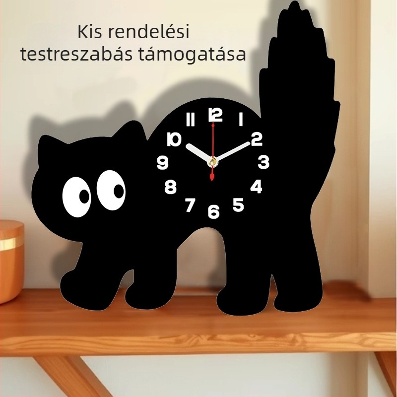 Aranyos rajzfilmszerű macska formájú falióra, csendes, minimalist, faanyagú, otthoni dekoráció a nappaliba és a hálószobába