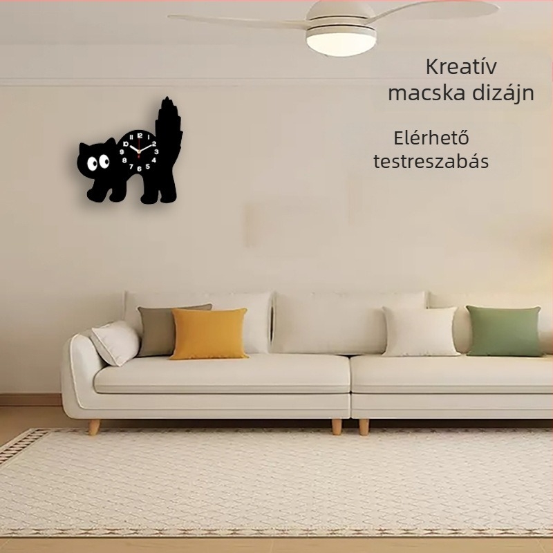 Aranyos rajzfilmszerű macska formájú falióra, csendes, minimalist, faanyagú, otthoni dekoráció a nappaliba és a hálószobába
