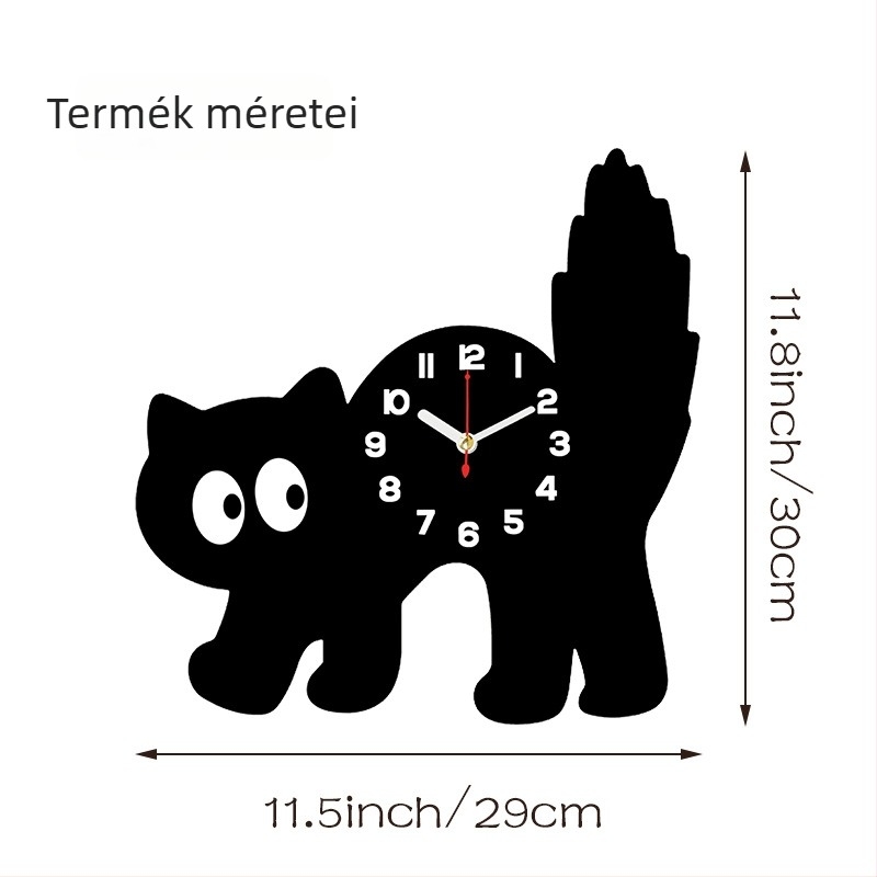 Aranyos rajzfilmszerű macska formájú falióra, csendes, minimalist, faanyagú, otthoni dekoráció a nappaliba és a hálószobába
