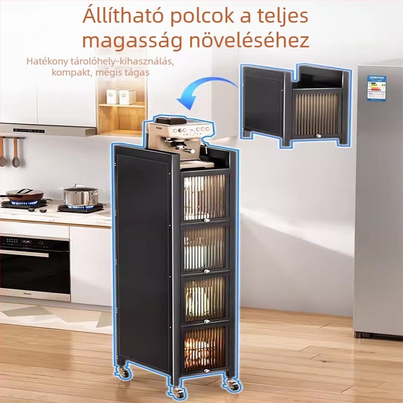 Konyhai keskeny rekeszes szekrény a hűtő oldalán húzható polccal, vékony él