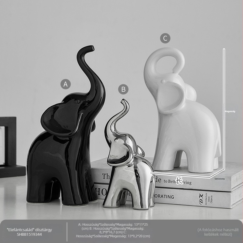 Három elefántos kerámiafigura, minimalist design, irodai és nappali dekor, házavató ajándék