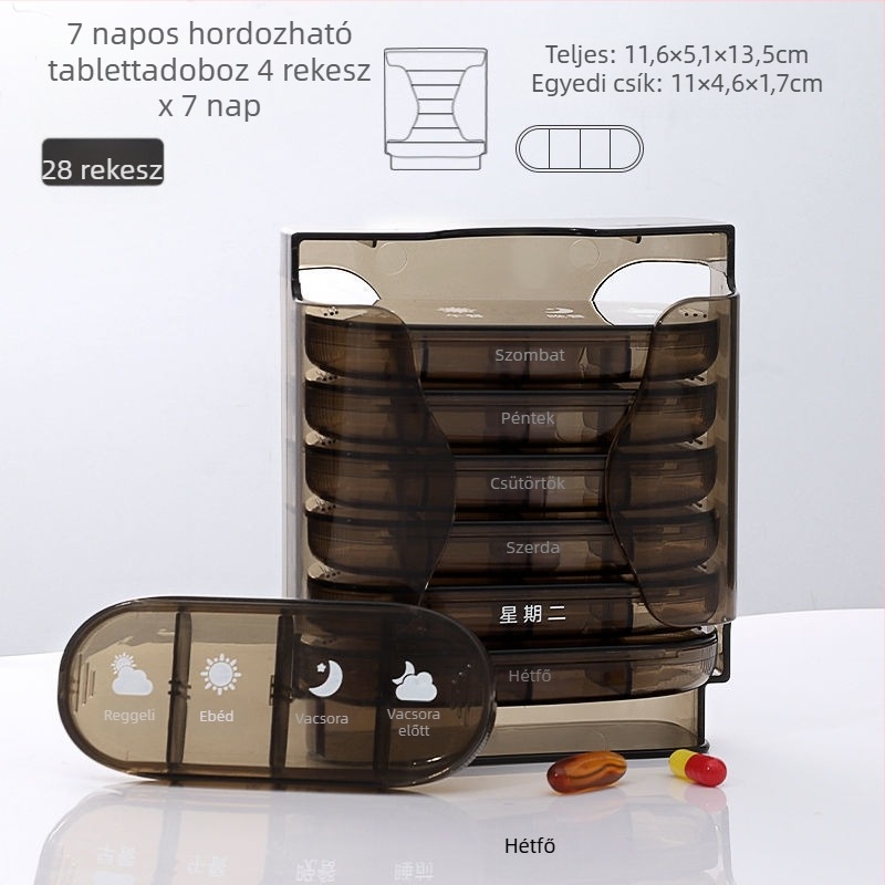 7 napos hordozható tablettatartó fedővel, nagy kapacitású, reggel, délben és este