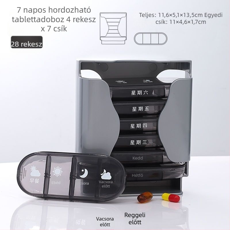7 napos hordozható tablettatartó fedővel, nagy kapacitású, reggel, délben és este