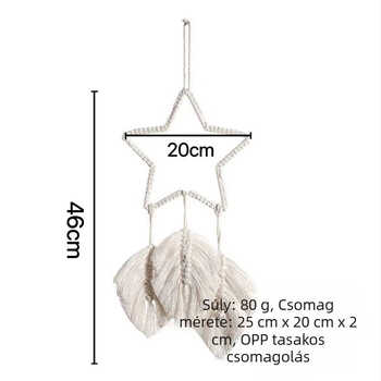 Skandináv stílusú szövött csillagos falikárpit bojtokkal, fehér, modern minimalist stílus