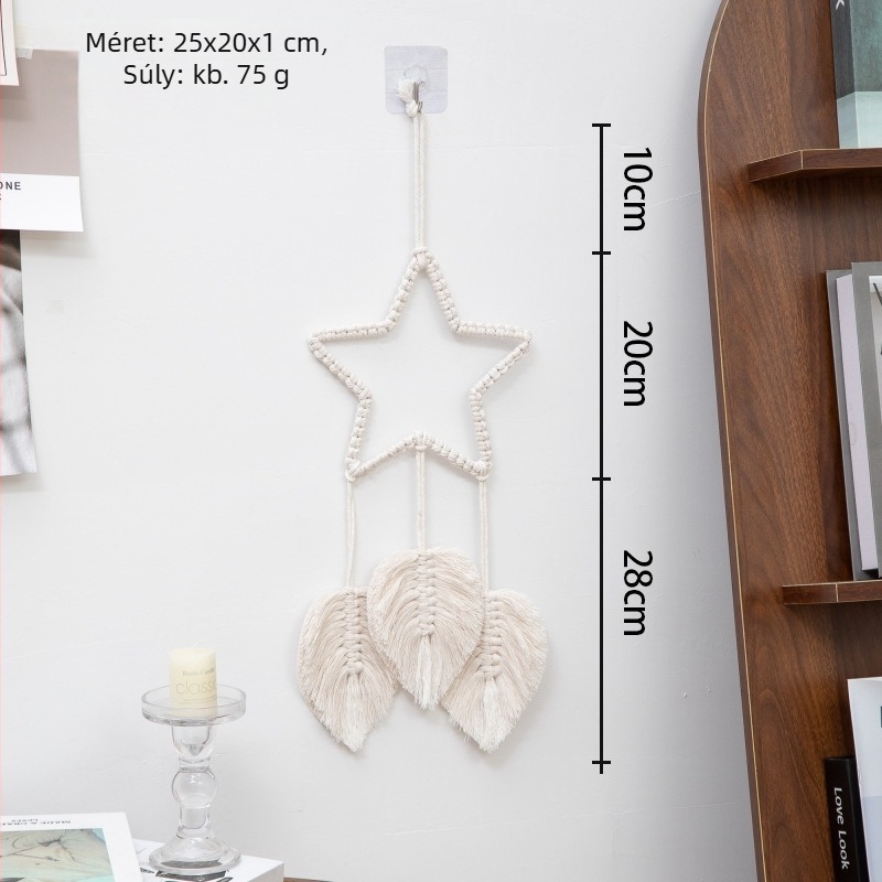 Skandináv stílusú szövött csillagos falikárpit bojtokkal, fehér, modern minimalist stílus
