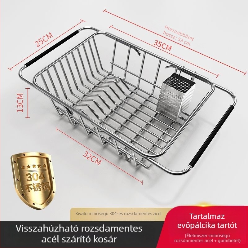Kihúzható mosogatórács rozsdamentes acélból, edények és tálak tárolására