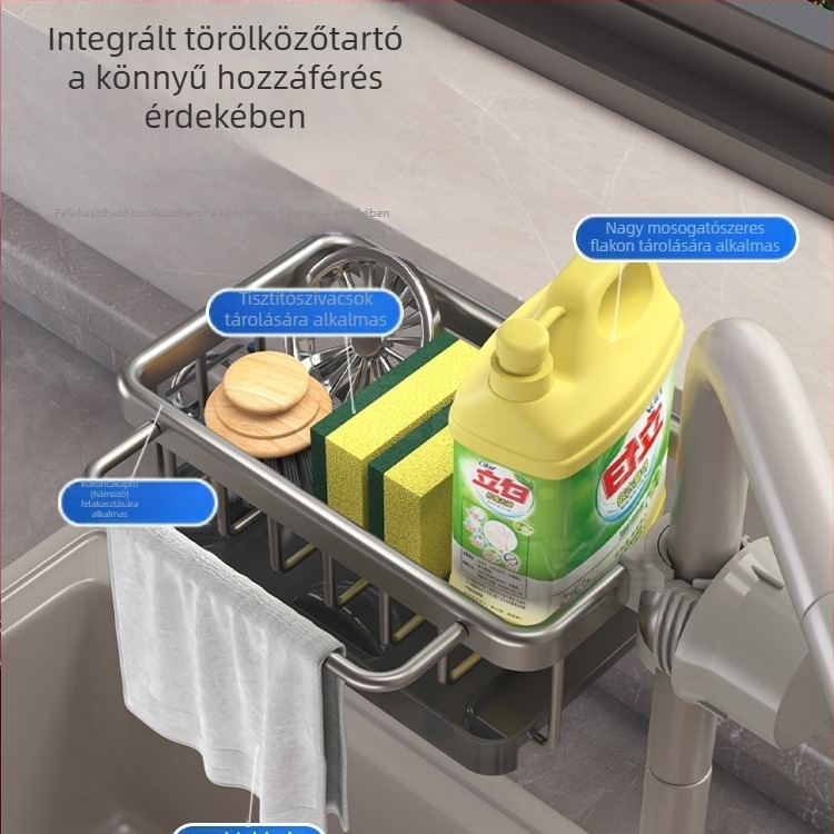 Konyhai csaptelephez tartozó tárolópolc szárítókosárral, mosogatáshoz