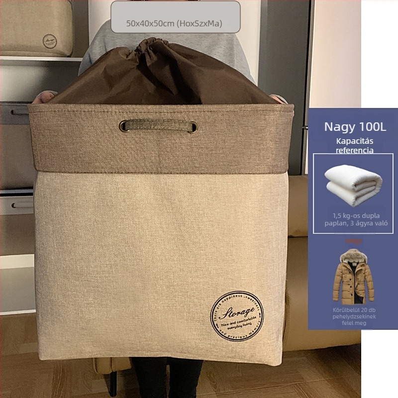 Vintage bélyeg-stílusú vastag textil tárolókosár ruhásszekrényhez, összecsukható, hordozható, por- és nedvességálló, 100 literes kapacitással.