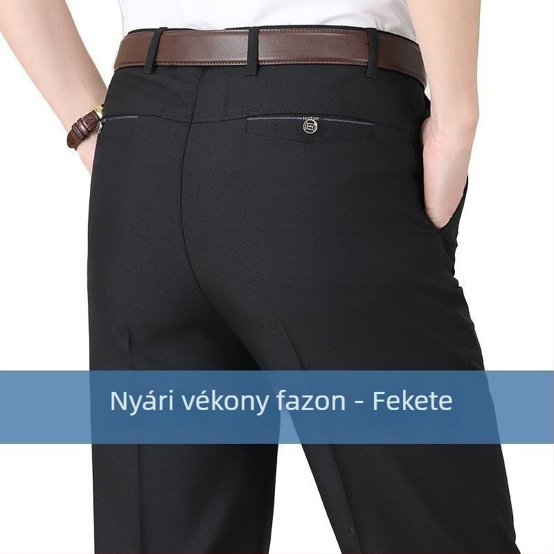 Vastag, tavaszi–ősz férfi casual nadrág, gyűrődésálló, magas derék, szabad szabás, egyenes szár, meleg