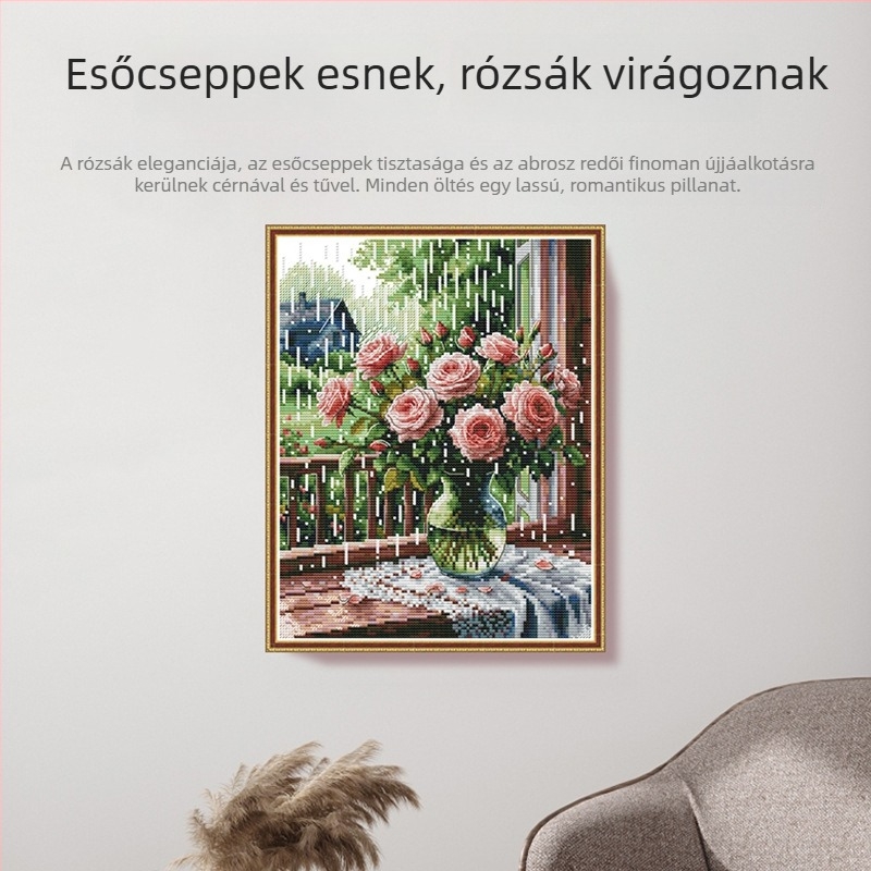 Esőben rózsa keresztszemes készlet nappali és hálószoba faliképhez, 14 ct ökológiai pamut vászon, virágmintás, könnyed luxus stílus
