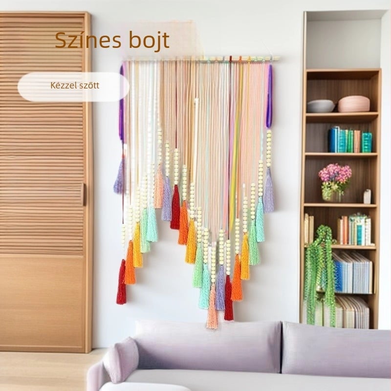 Kézzel szőtt, színes bojtos gobelin pamutkötélből – szivárványos falidekor otthonra