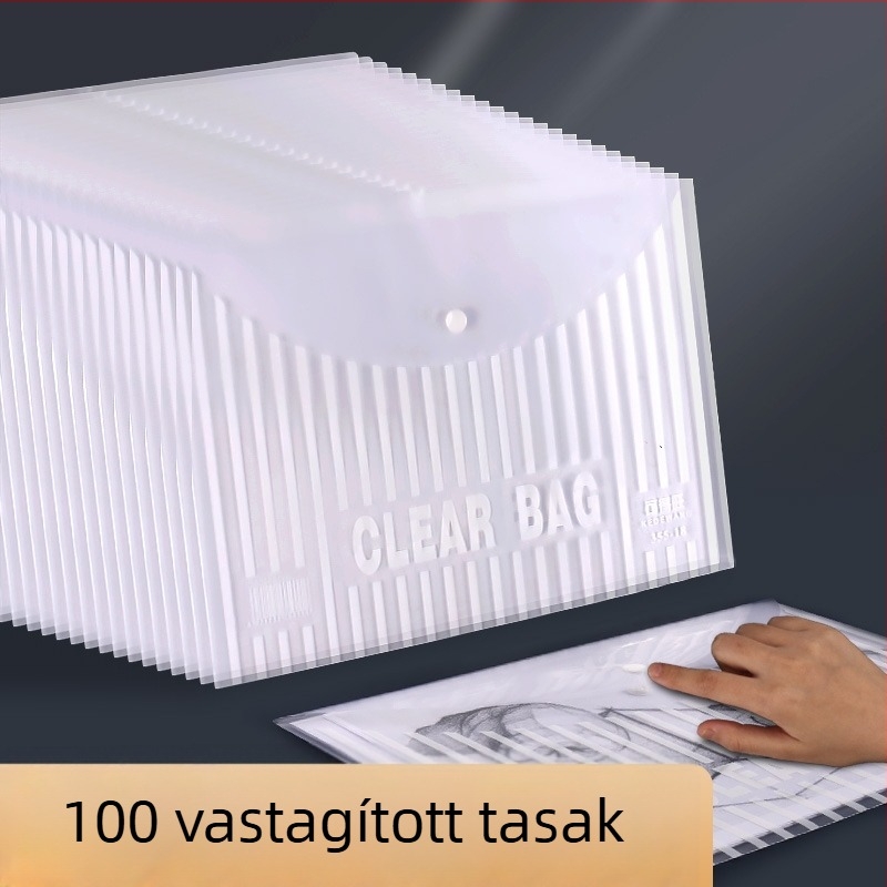 A4-es fájl táska diákoknak – átlátszó, megerősített poliészterből, nagy kapacitású, snap-zárású, vizsgadolgozatok tárolására
