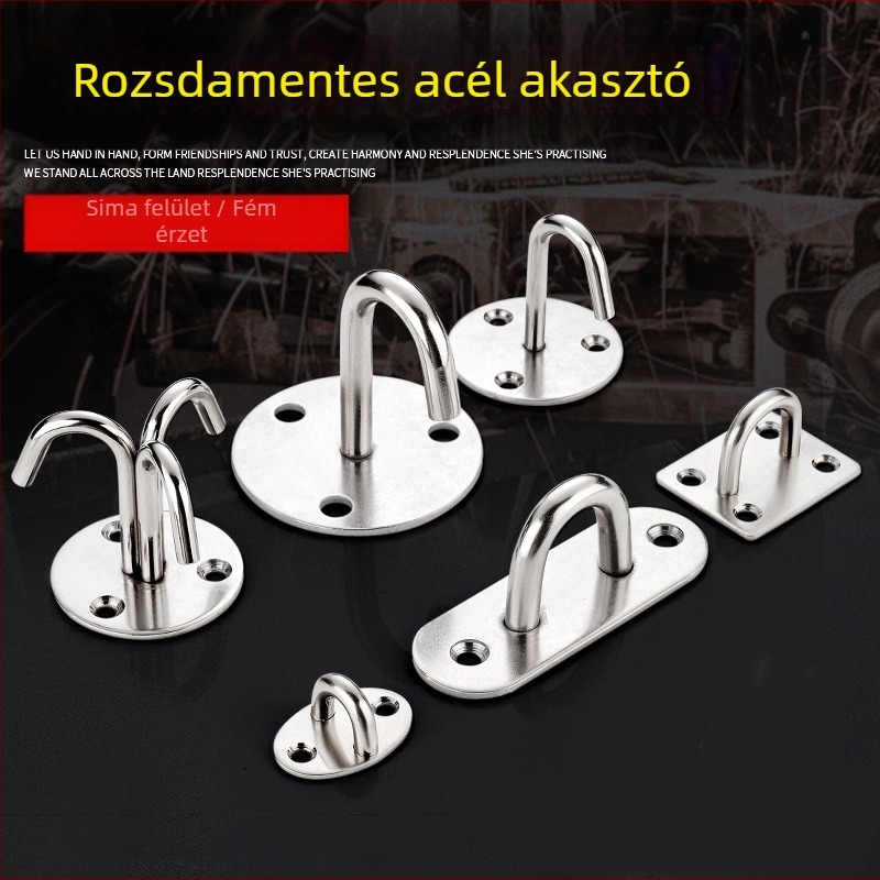 Rozsdamentes acélból készült mennyezeti kampó készlet: U‑formájú csúcskampó, kampó mennyezeti ventilátorhoz, homokzsák kampó, lámpa kampó, rögzítő kampó, fix kampó, vasgyűrű és tartozékok