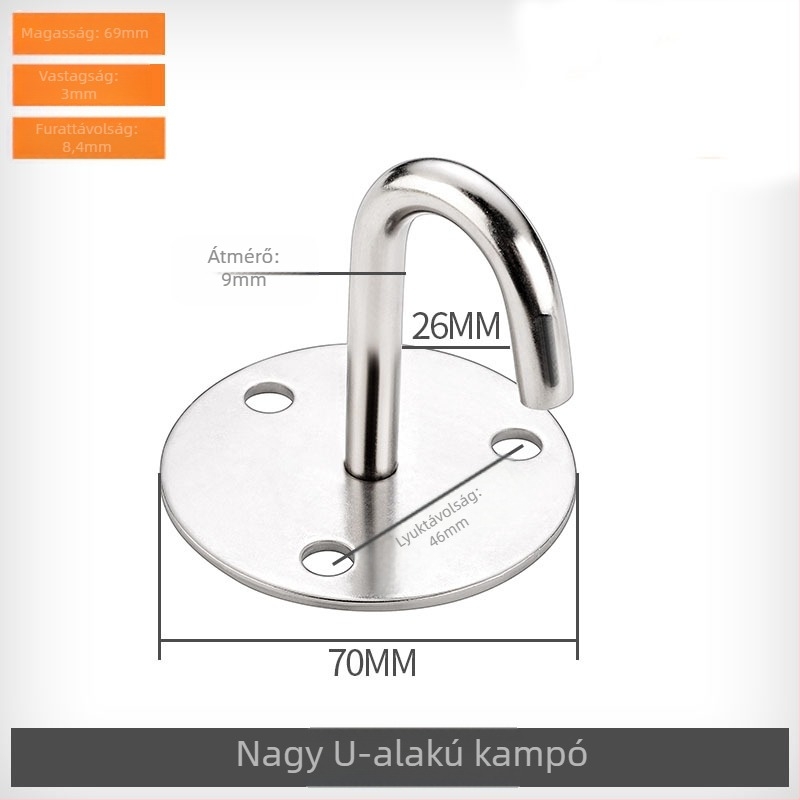 Rozsdamentes acélból készült mennyezeti kampó készlet: U‑formájú csúcskampó, kampó mennyezeti ventilátorhoz, homokzsák kampó, lámpa kampó, rögzítő kampó, fix kampó, vasgyűrű és tartozékok