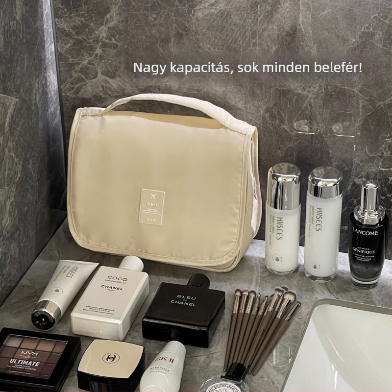 Kényelmes utazó kozmetikai neszesszer kampóval – nagy kapacitású, lógatható sminkeszervező nedves–száraz elkülönítéssel