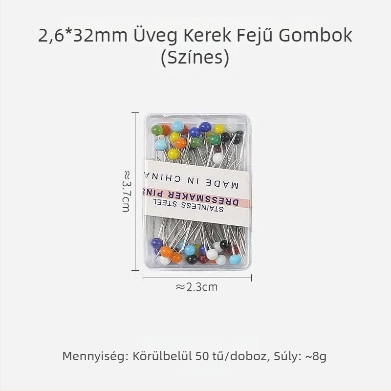 Gyöngyházfejű tűk ruhakészítéshez; nagy fejű, színes gyöngyös tűk pozicionálásra és varrásra