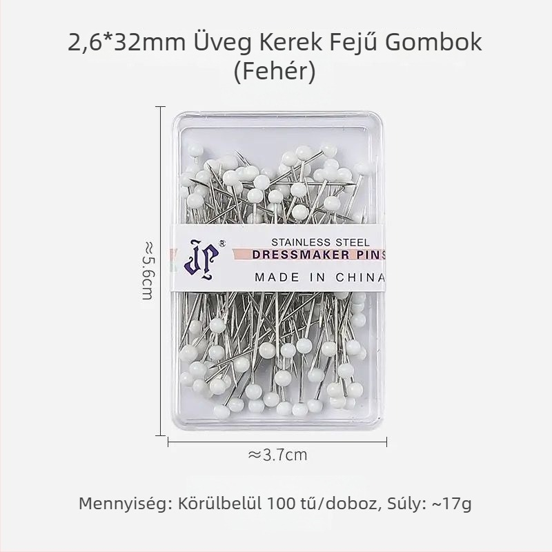 Gyöngyházfejű tűk ruhakészítéshez; nagy fejű, színes gyöngyös tűk pozicionálásra és varrásra