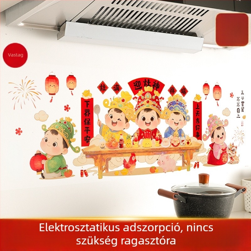 Ünnepi kínai stílusú konyhai olajálló faliképek, vízálló elektrosztatikus faliképek, tűzálló és magas hőmérséklet-tűrésű